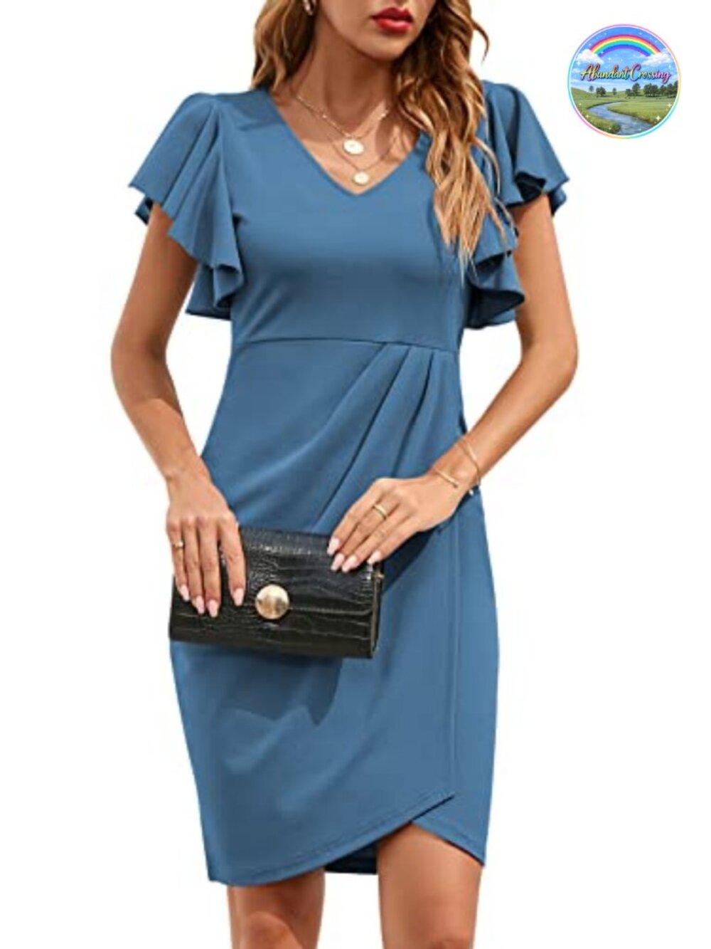 Faux Wrap Ruched Bodycon Dress with Ruffle Sleeve V-Neck